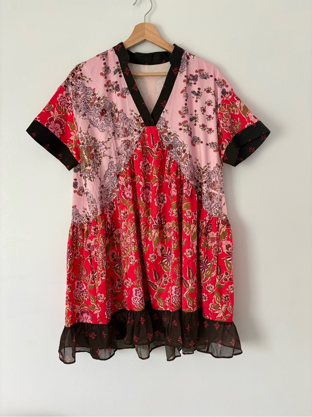 Floral Patchwork V-Neck Tunic Top - Pink & Red